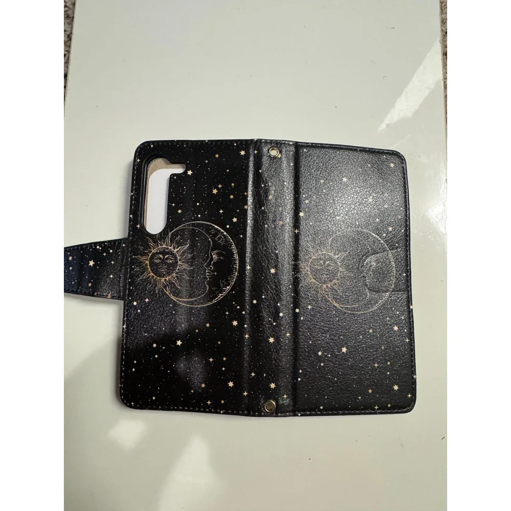 Celestial Sun Moon Wallet Phone Case Black Gold Star Crossbody Folio Strap